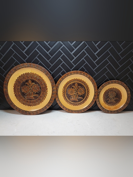 Other - Vintage Polish Folk Art Hand Carved Wooden Plate Set 3- Zakopane Tatra Mountains